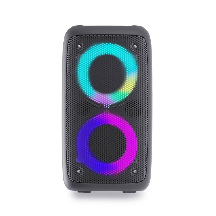 Draagbare Bluetooth speaker met kleurrijke verlichting en krachtige geluidskwaliteit voor feesten en evenementen.