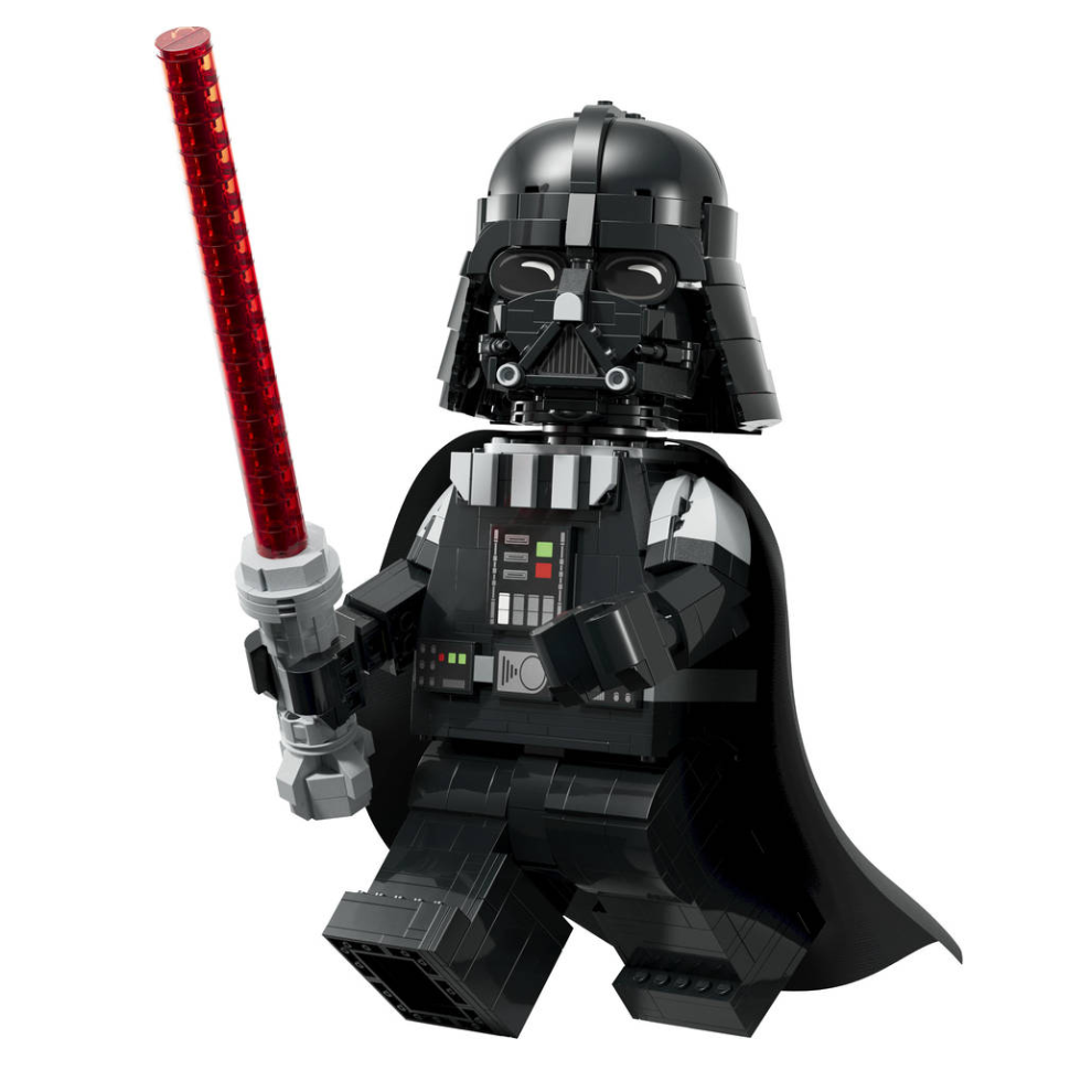 LEGO Darth Vader figuur met een rode lichtzwaard, iconische cape en gedetailleerde constructie uit de Star Wars-serie.