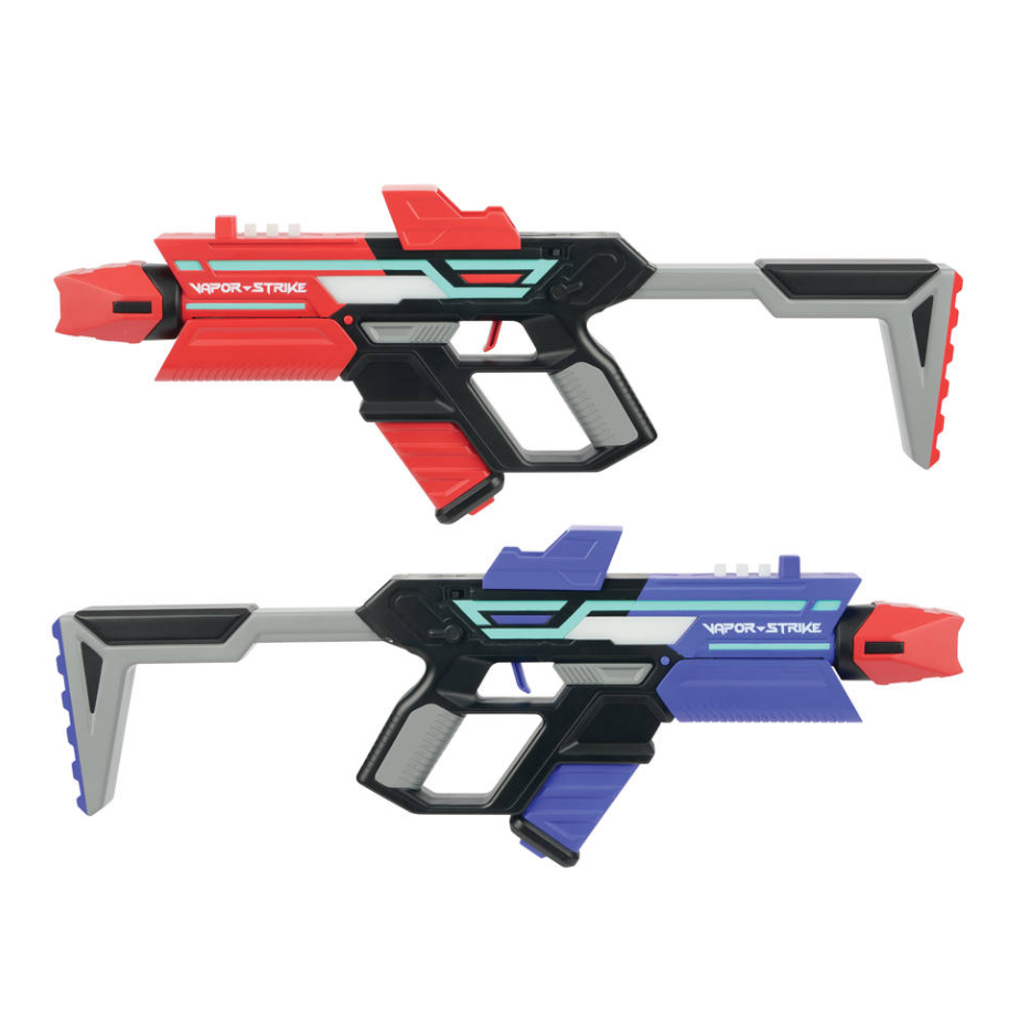 Twee kleurrijke Vapor Strike speelgoedgeweren in rood en paars voor spannende actie en rollenspellen.