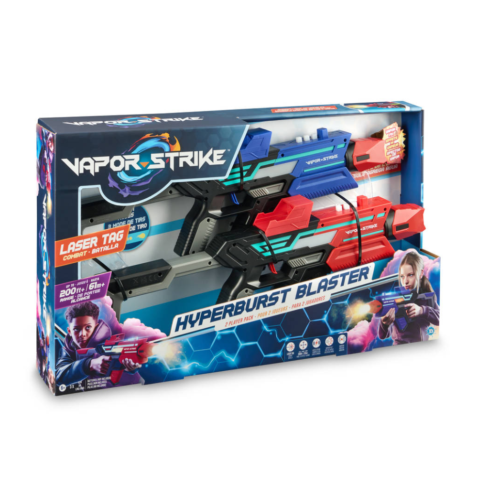 Alt-tekst: Vapor-Strike Hyperburst Blaster laser tag-spel met twee blasters en kleurrijke verpakking voor spannende strijd.